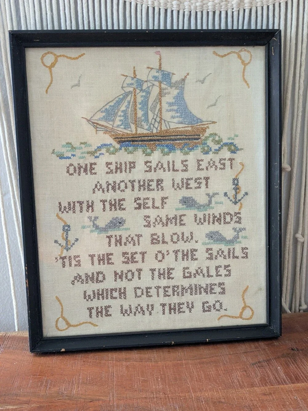 Vintage Nautical Framed Cross Stitch Sailboat Poem Wall Hanging - Coastal Home